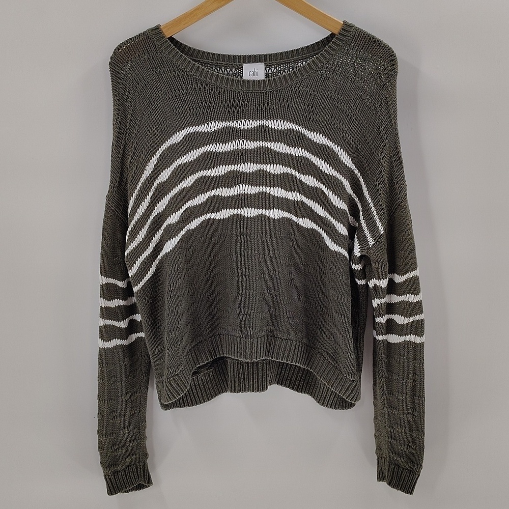 Cabi 5829 Scout Army Green Sweater Size Small White Stripes Long Sleeve